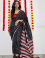Outstanding Black  Hand Block  Print Soft  Mal Mal Cotton Sarees With Running Blouse
