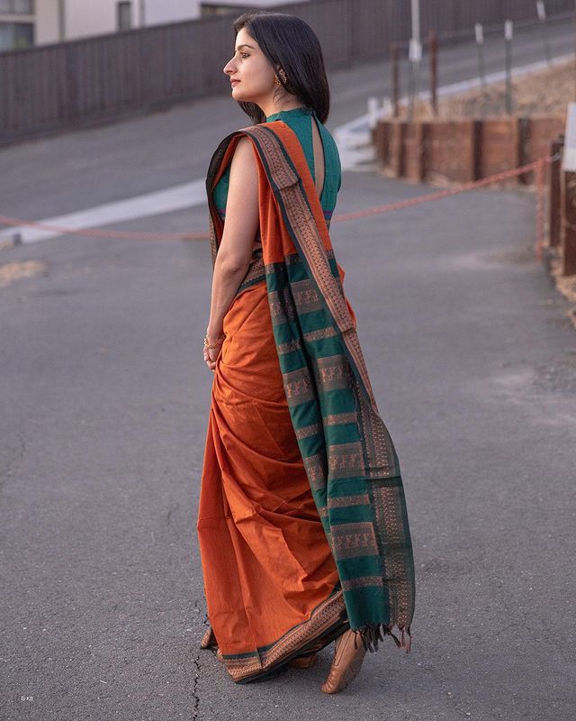 Orange Soft Lichi Silk Jacquard Saree