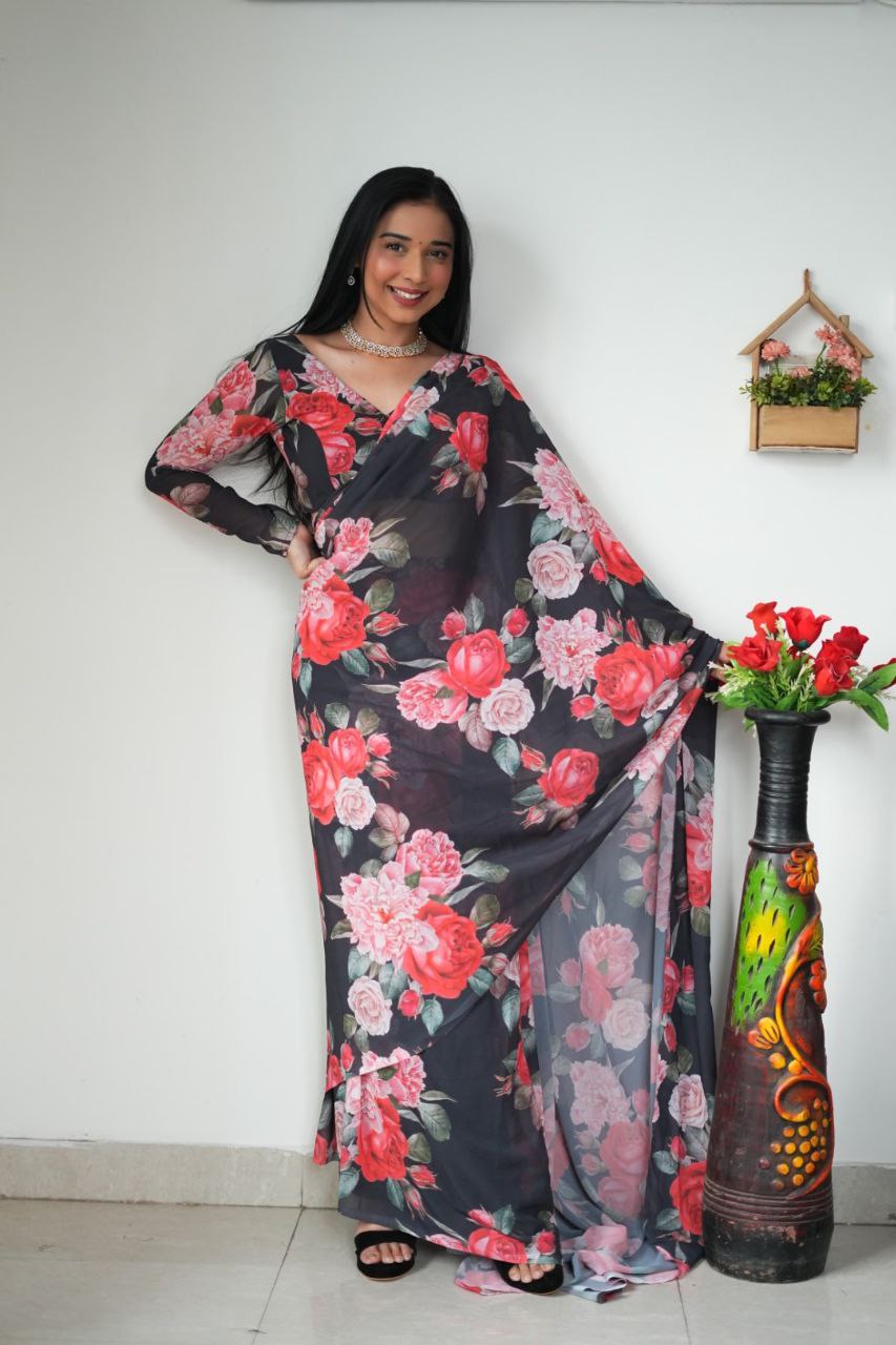 Beautiful Digital Printed Premium Georgette silk ready to wear floral saree
