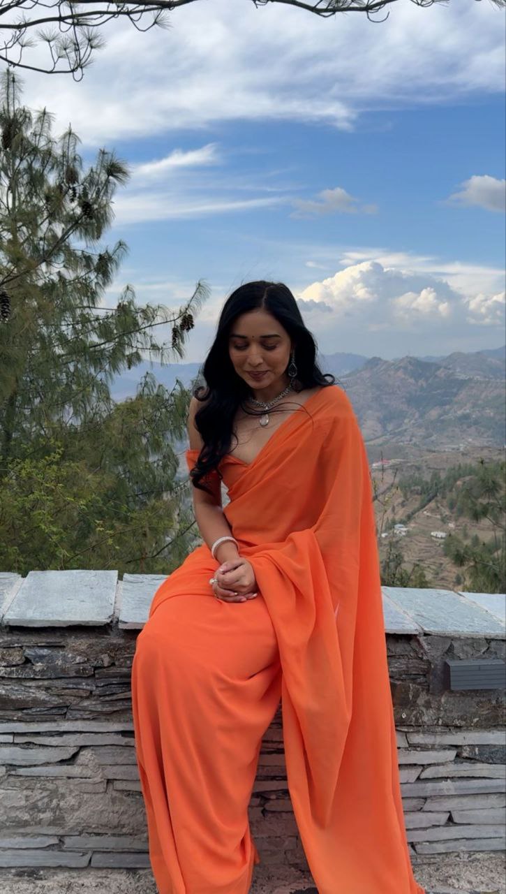 1 Minute Ready Wear Plain Orange Saree