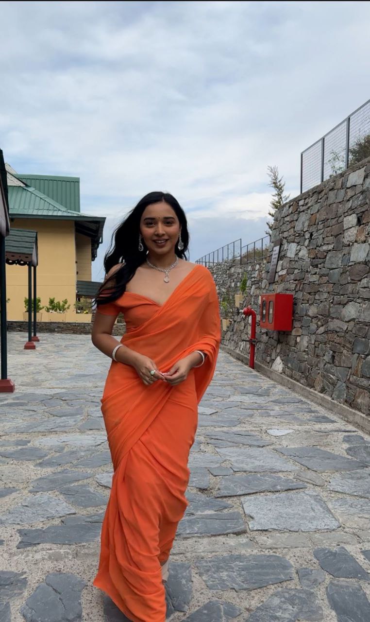 1 Minute Ready Wear Plain Orange Saree