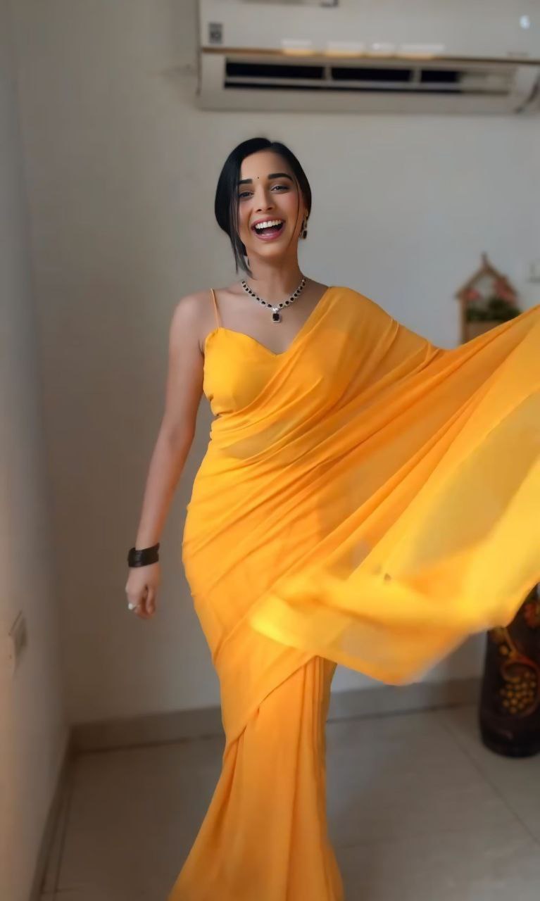 Pure soft Georgette silk with beautiful Yellow color Ready To Wear saree