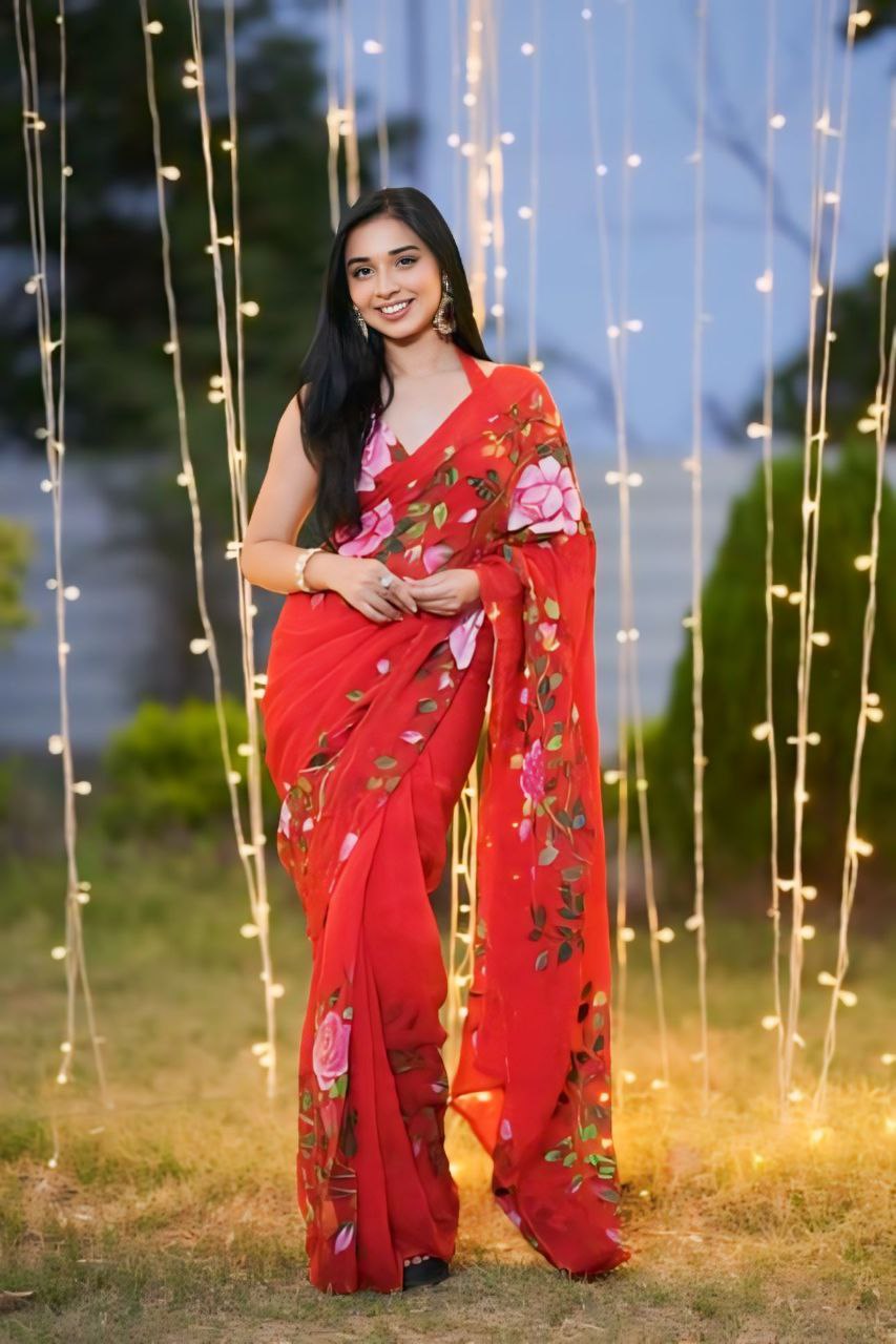 Attractive flowers design Red saree function, for wedding Party Ready To Wear