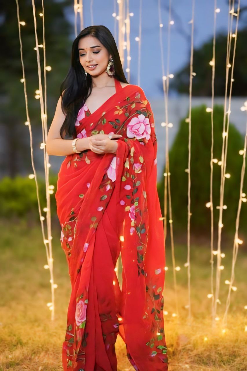 Attractive flowers design Red saree function, for wedding Party Ready To Wear