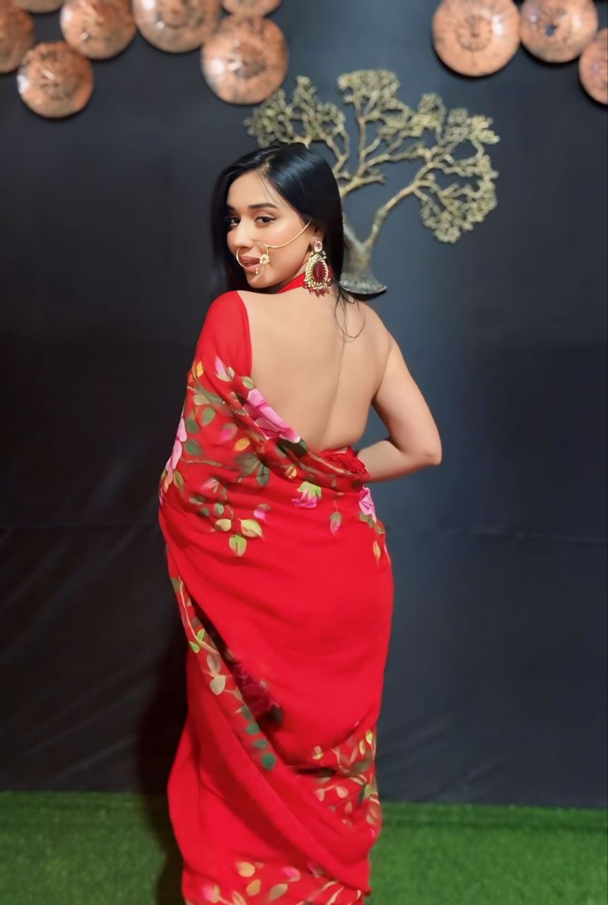 Attractive flowers design Red saree function, for wedding Party Ready To Wear