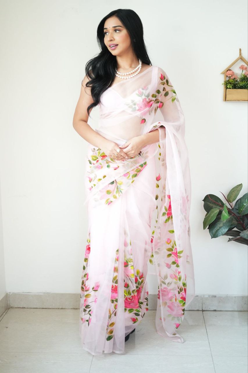 New Design  pure soft Organza silk with beautiful red and pink colour flower design  Ready To Wear saree