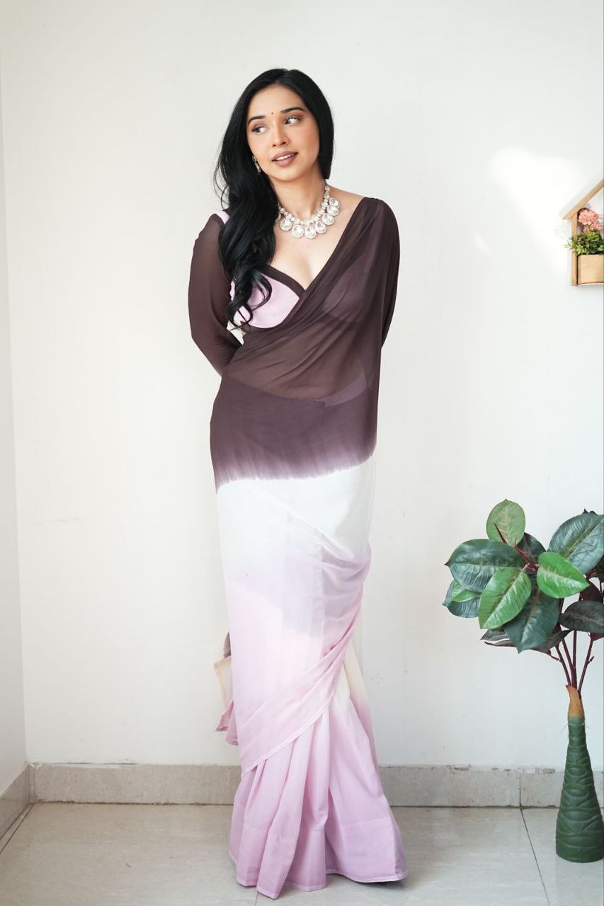 graceful 1-Minute Ready To Wear Black & Baby Pink Georgette Saree