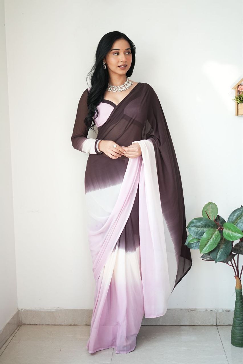 graceful 1-Minute Ready To Wear Black & Baby Pink Georgette Saree