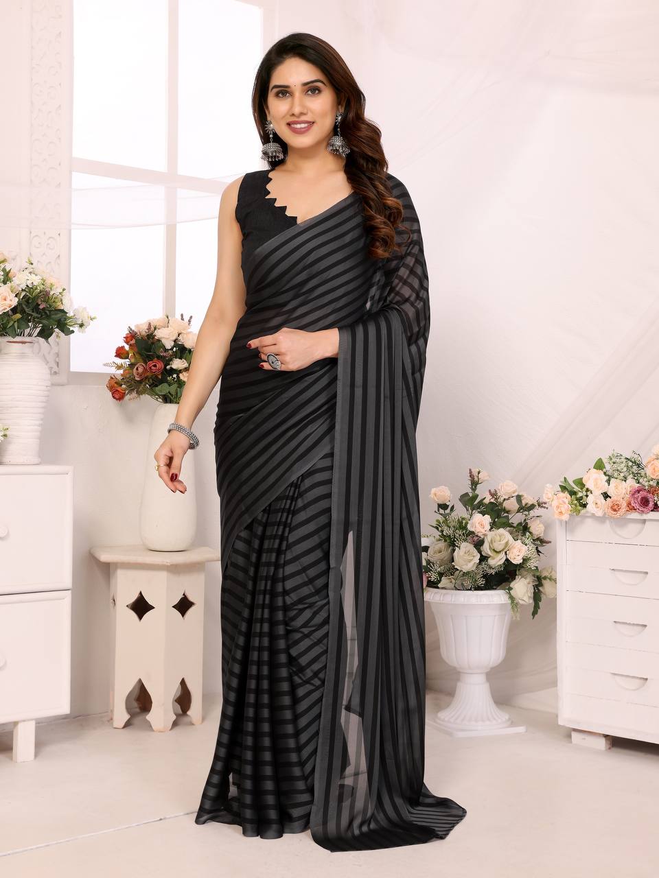 Beautiful Georgette silk  Black color Printed Ready To Wear Saree