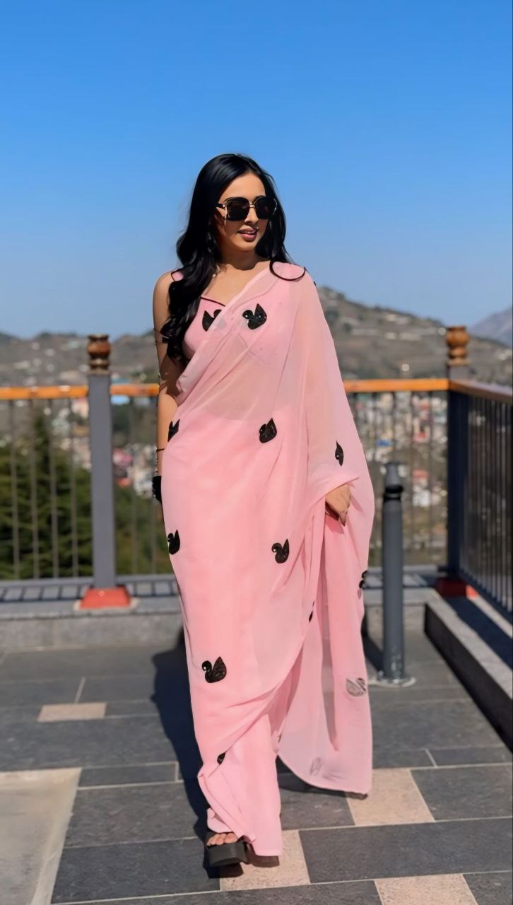 Ratatouille 1-Minute Ready To Wear Pink Georgette Saree