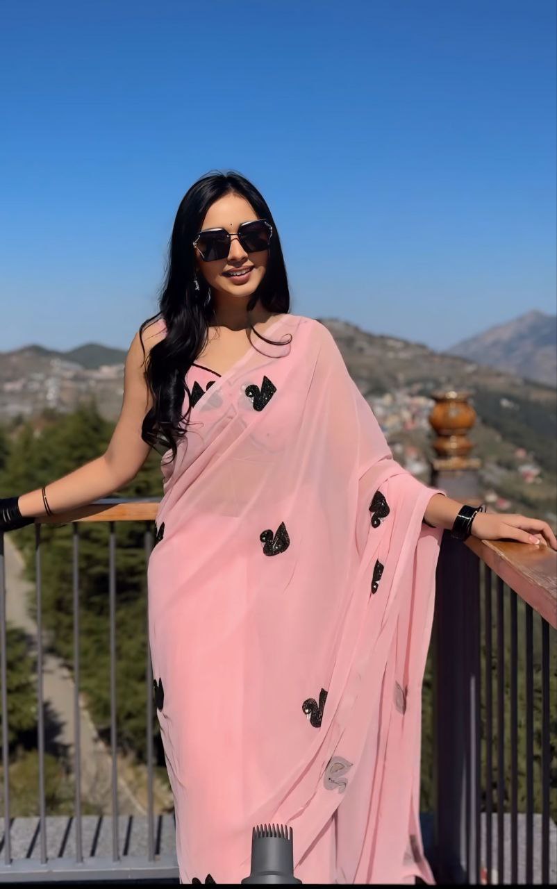 Ratatouille 1-Minute Ready To Wear Pink Georgette Saree