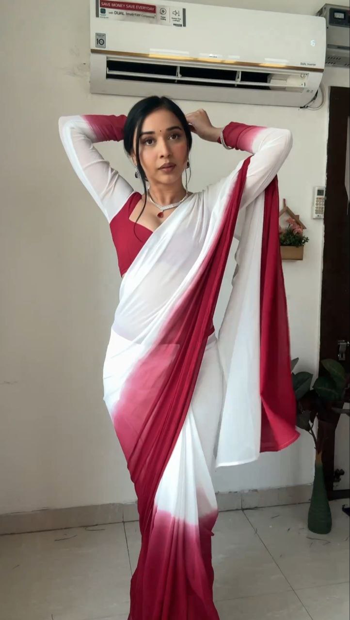 1-Minute Ready To Wear Dark Pink and White Georgette Saree