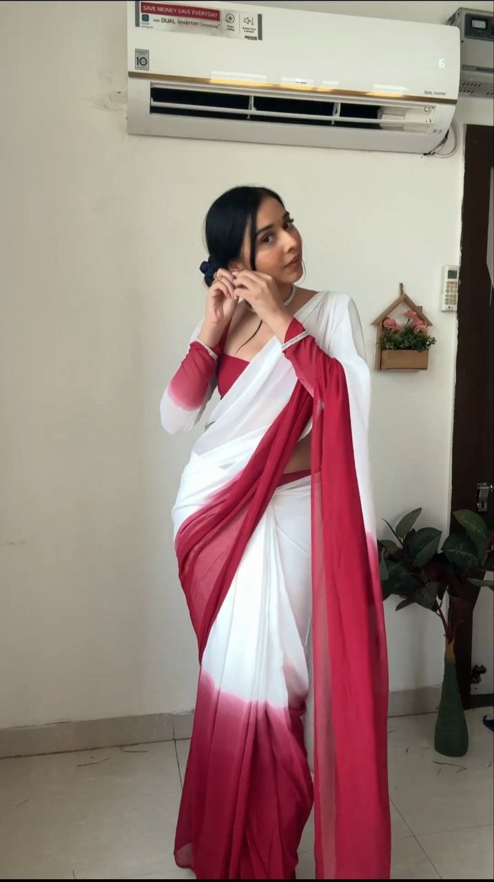 1-Minute Ready To Wear Dark Pink and White Georgette Saree