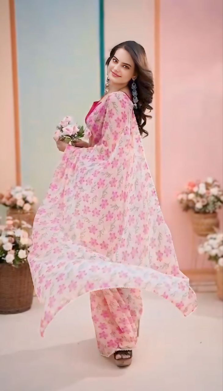 Flower Design Pink Color  1-Minute Ready To Wear Georgette Saree