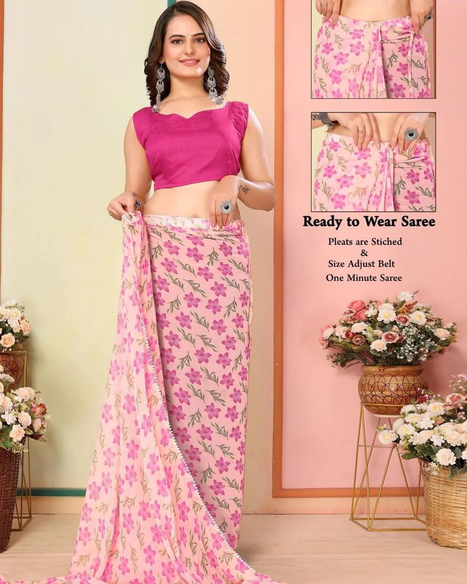 Flower Design Pink Color  1-Minute Ready To Wear Georgette Saree