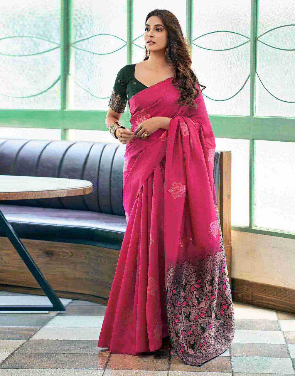 Pink Color Soft  Lichi Silk Woven Saree with Contrast Border