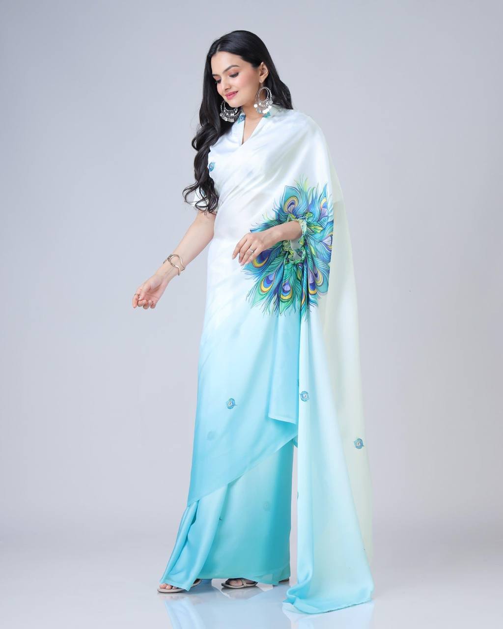 Blue Feather Ombre Freehand Saree