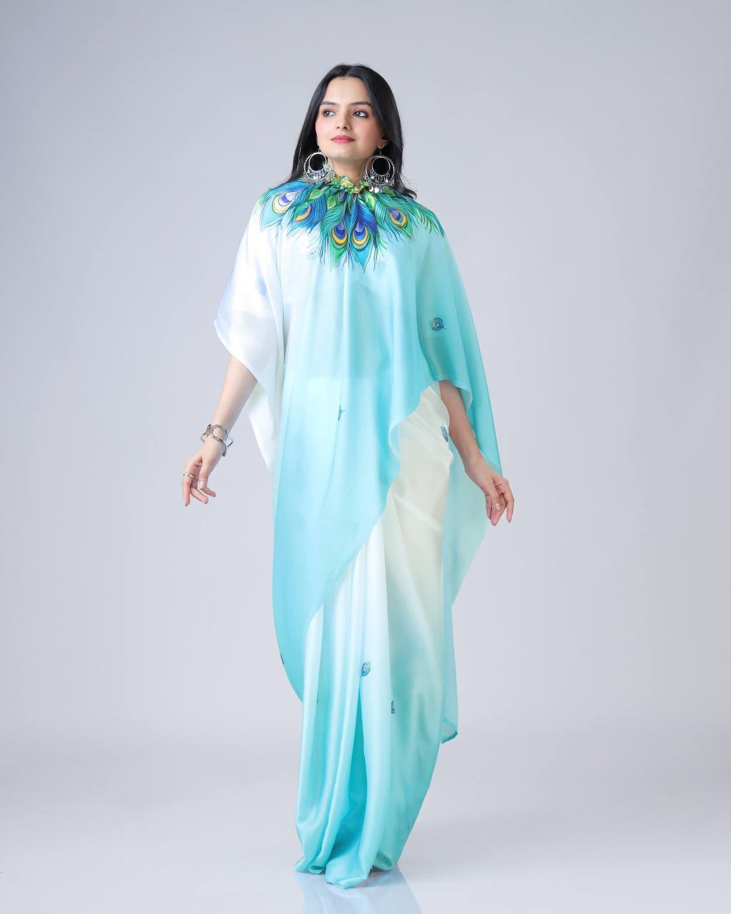 Blue Feather Ombre Freehand Saree