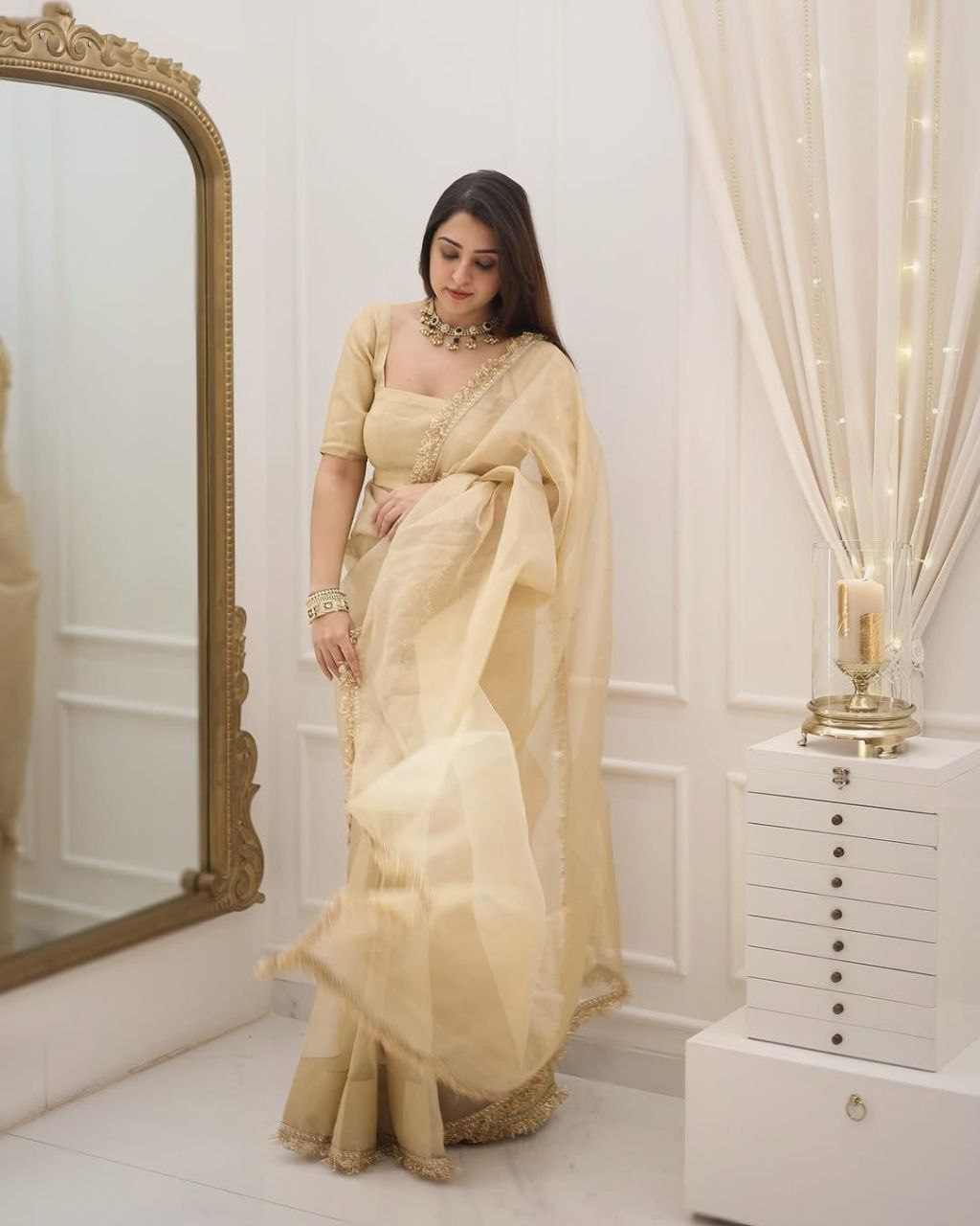 Ravishing 1-Minute Ready To Wear Beige Cotton Silk Saree