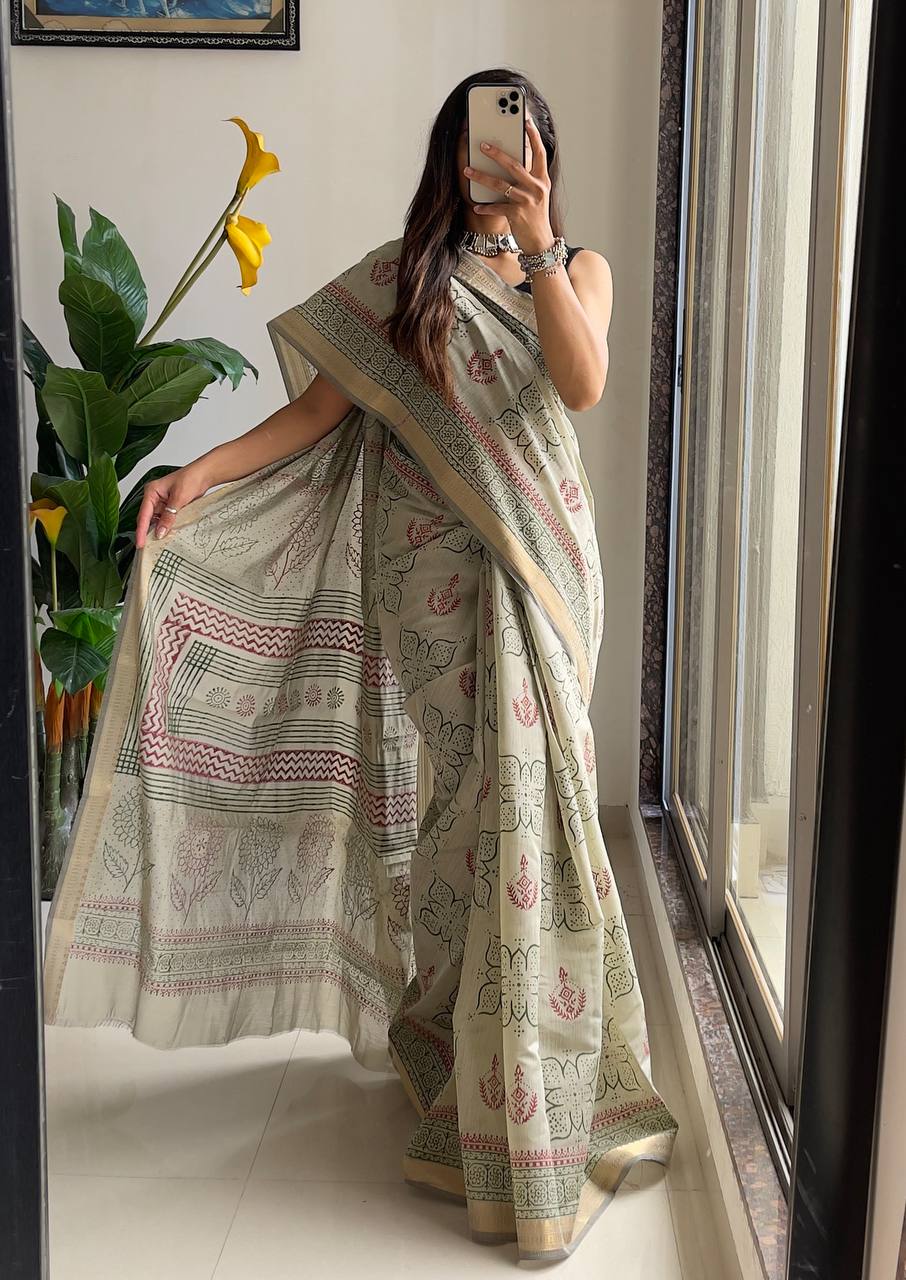 Graceful Handloom-Inspired Beige Cotton Saree With Intricate Floral