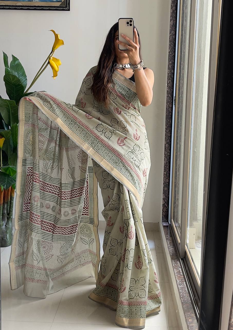 Graceful Handloom-Inspired Beige Cotton Saree With Intricate Floral