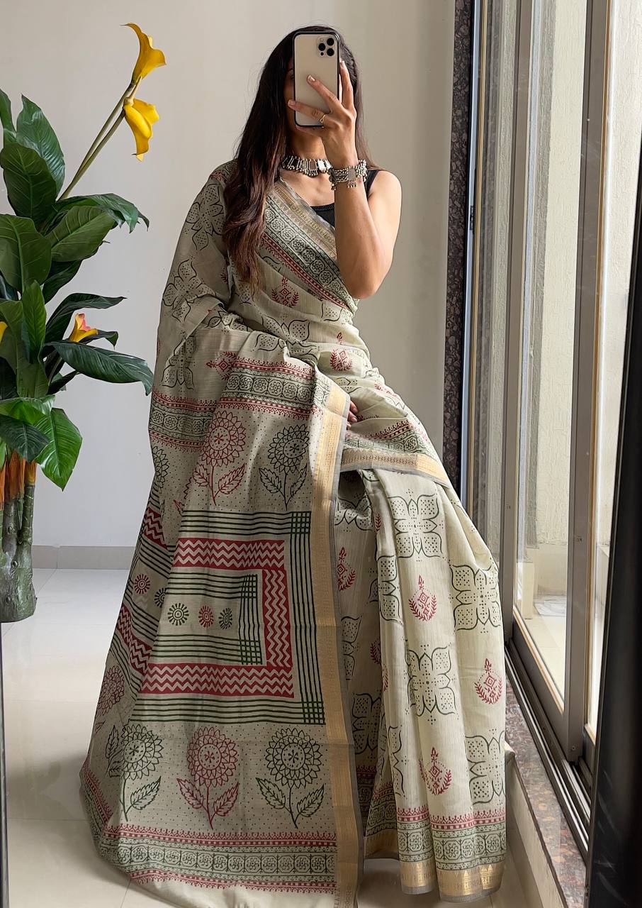 Graceful Handloom-Inspired Beige Cotton Saree With Intricate Floral