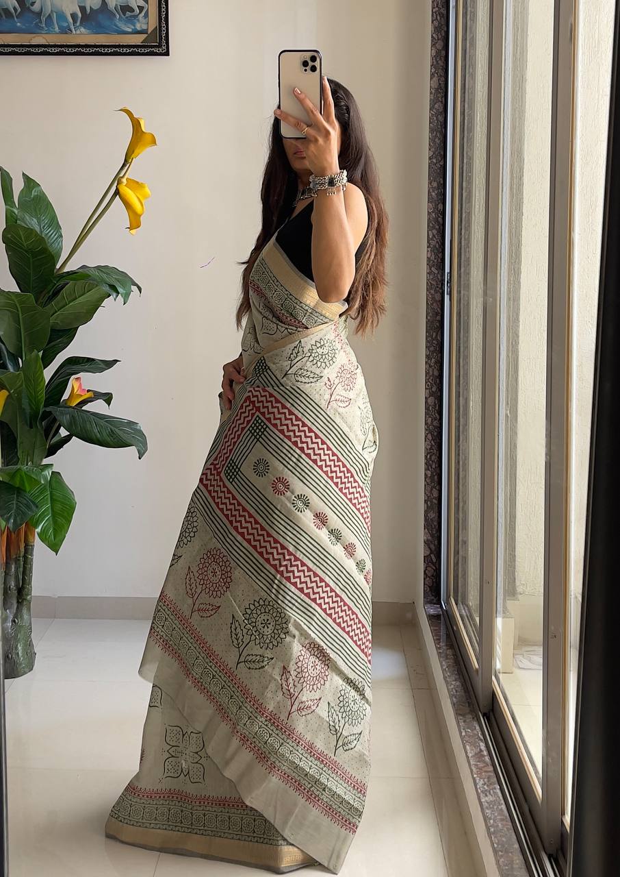 Graceful Handloom-Inspired Beige Cotton Saree With Intricate Floral