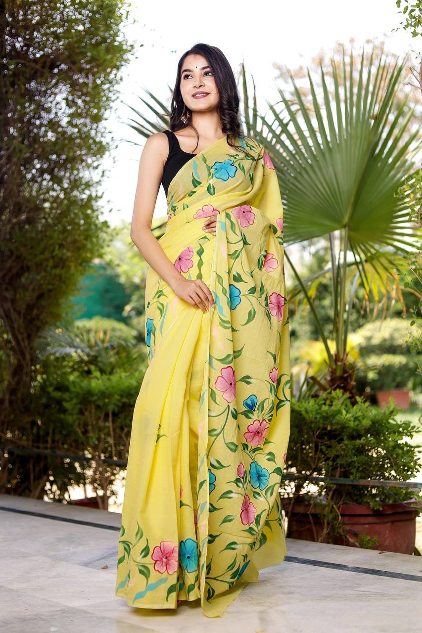 Sunshine Yellow Floral Saree With Multicolored Bloom Motifs