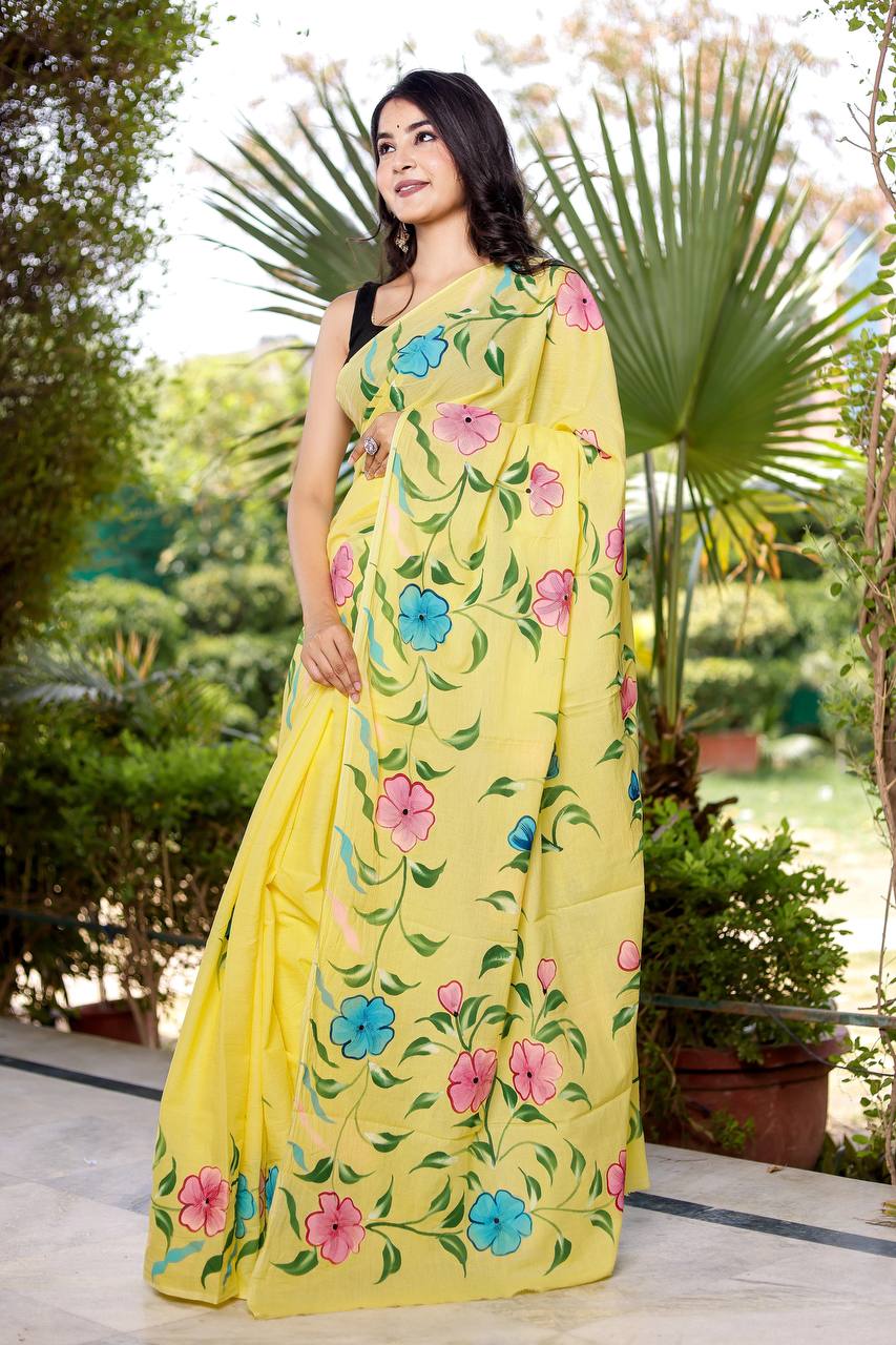 Sunshine Yellow Floral Saree With Multicolored Bloom Motifs
