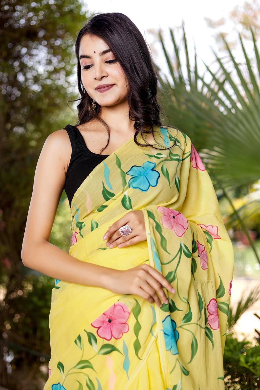 Sunshine Yellow Floral Saree With Multicolored Bloom Motifs