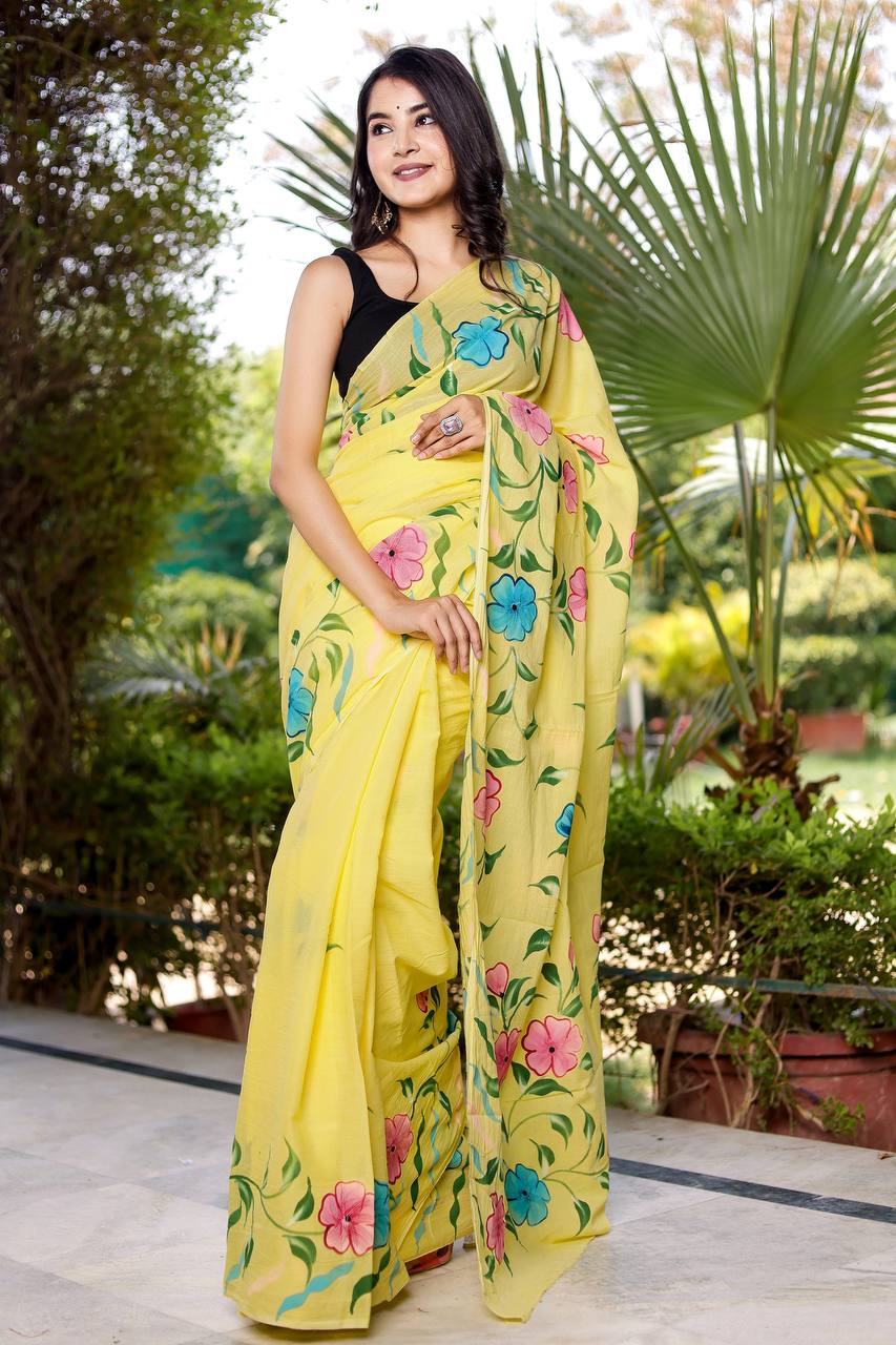 Sunshine Yellow Floral Saree With Multicolored Bloom Motifs