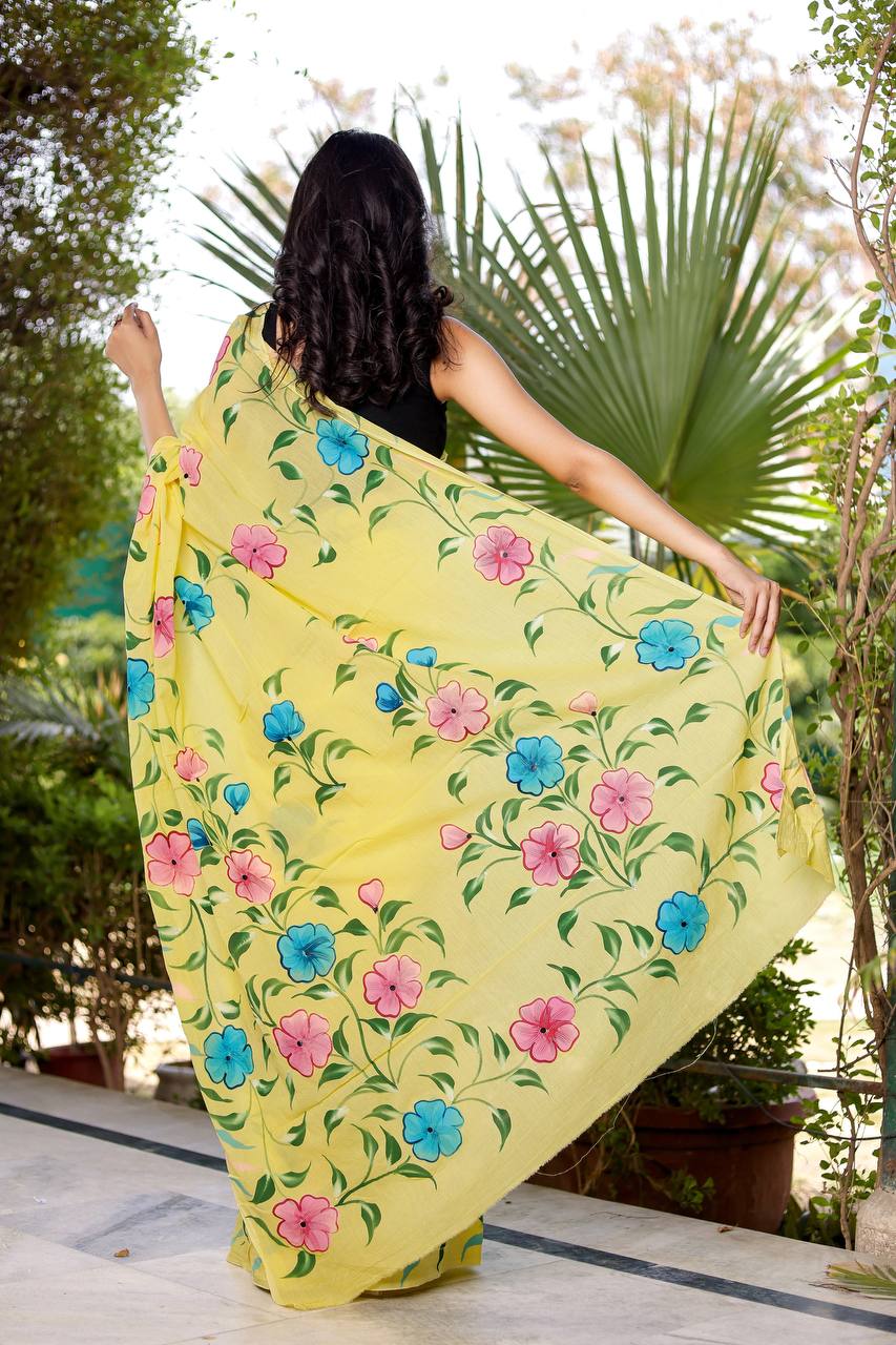Sunshine Yellow Floral Saree With Multicolored Bloom Motifs