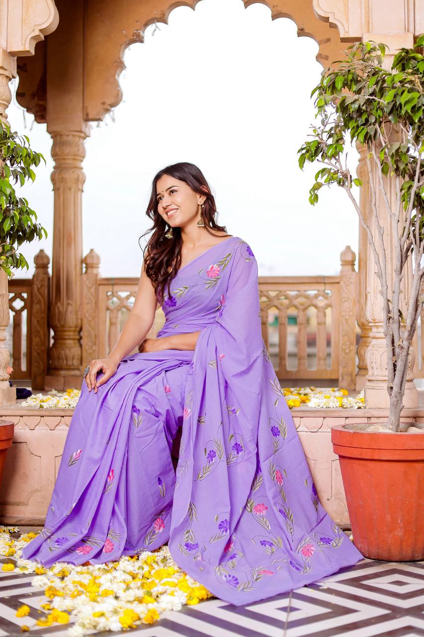 Lavender Bliss Floral Saree – A Soft and Elegant Drape For Effortless Grace