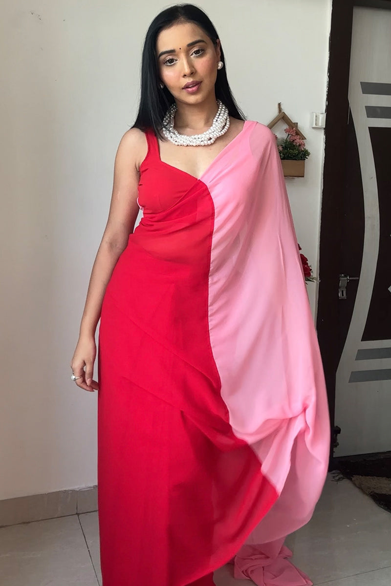 1-Minute Ready To Wear Red And Pink Georgette Saree