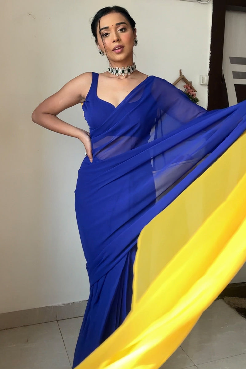 1-Minute Ready To Wear Blue And Yellow Georgette Saree