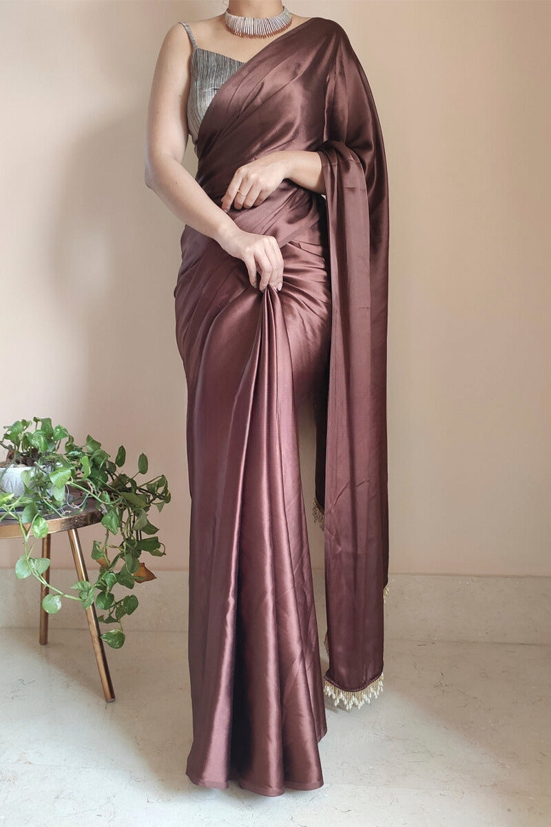 1-Minute Ready To Wear Brown Satin Silk Saree