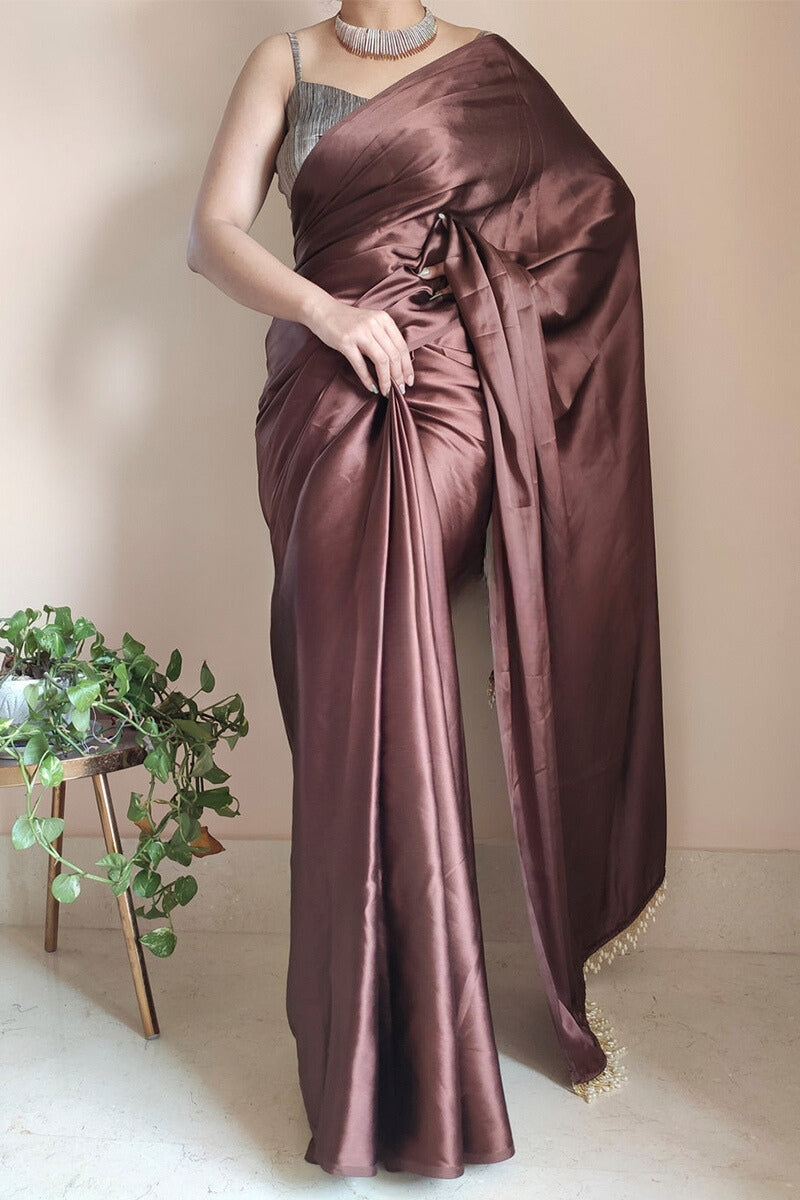 1-Minute Ready To Wear Brown Satin Silk Saree