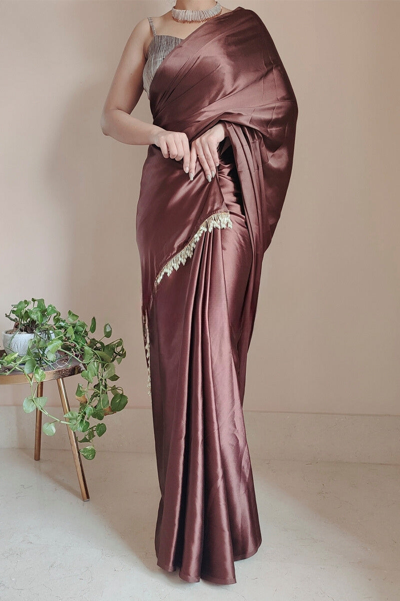 1-Minute Ready To Wear Brown Satin Silk Saree