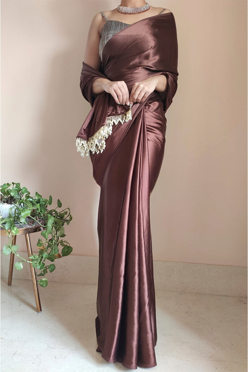 1-Minute Ready To Wear Brown Satin Silk Saree