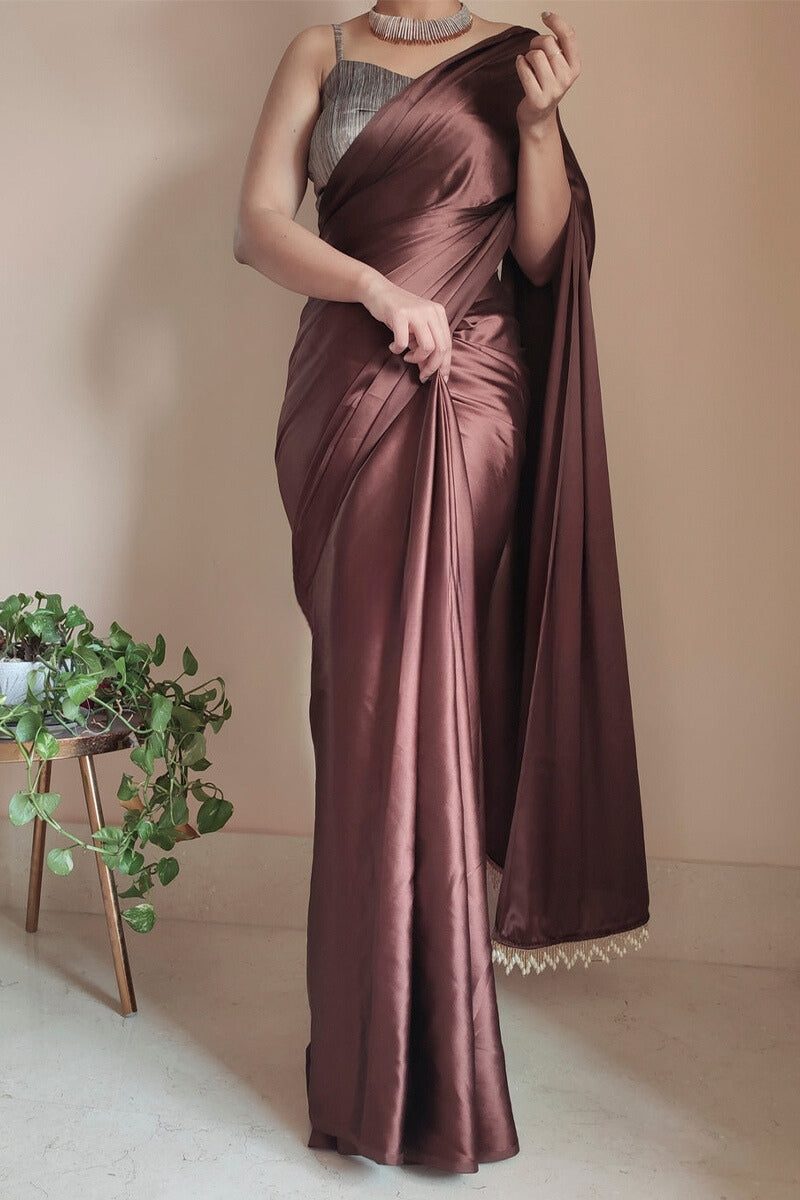 1-Minute Ready To Wear Brown Satin Silk Saree