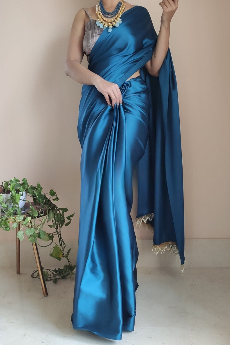 1-MIN READY TO WEAR   Cobalt Blue Satin Silk Saree With  Handmade Tassels On Pallu