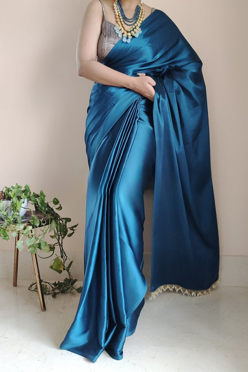 1-MIN READY TO WEAR   Cobalt Blue Satin Silk Saree With  Handmade Tassels On Pallu