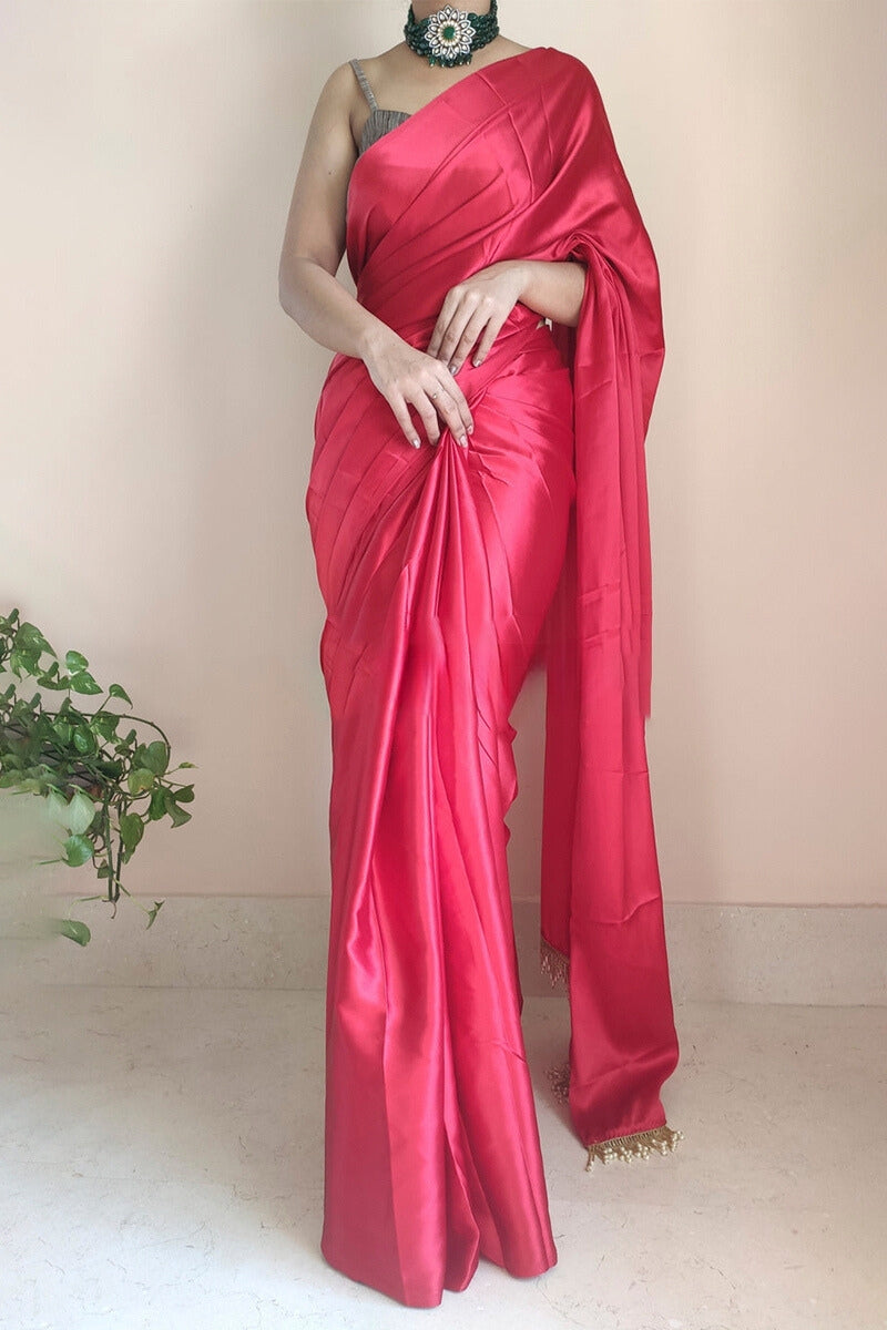 1-Minute Ready To Wear Dark Pink Satin Silk Saree