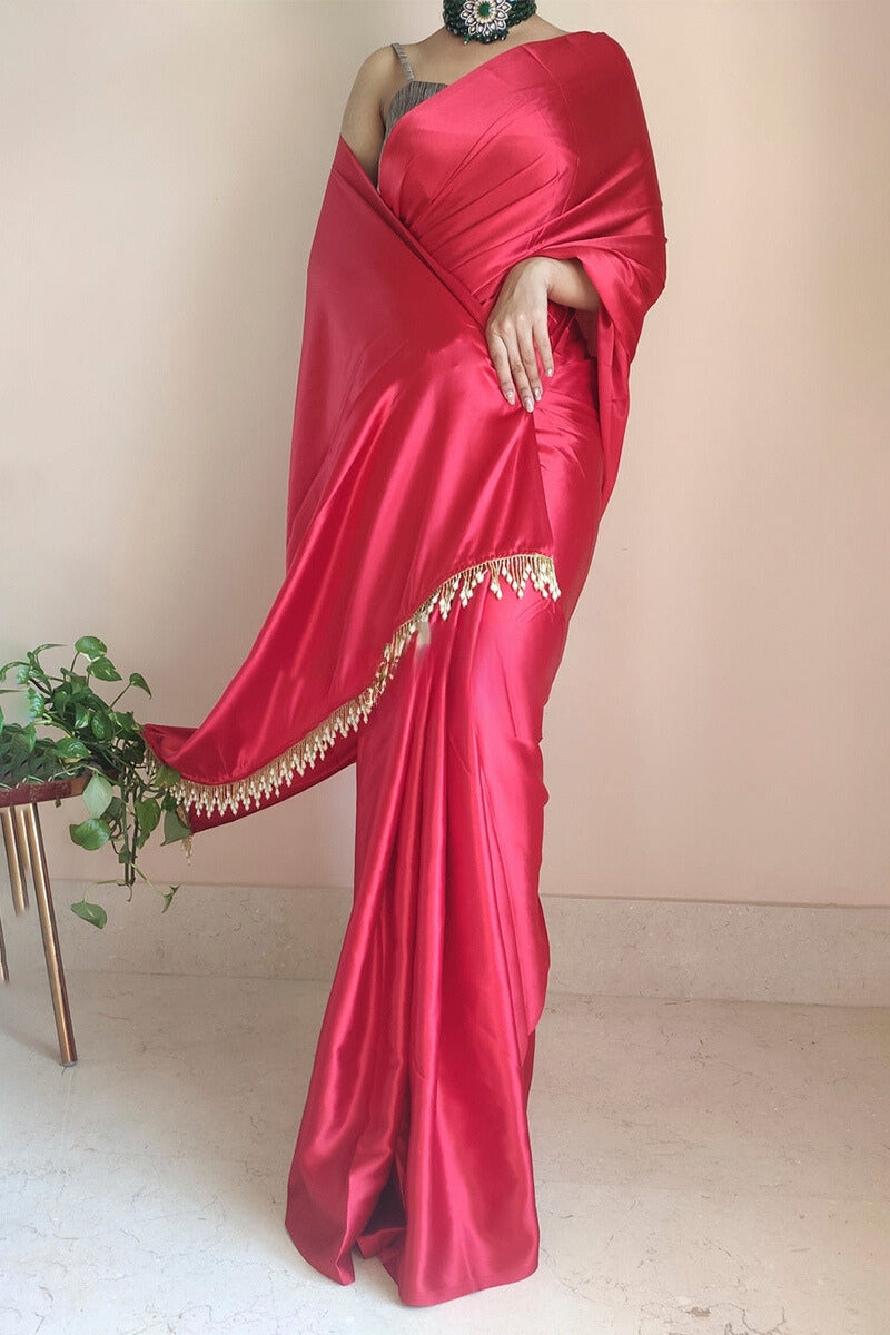 1-Minute Ready To Wear Dark Pink Satin Silk Saree