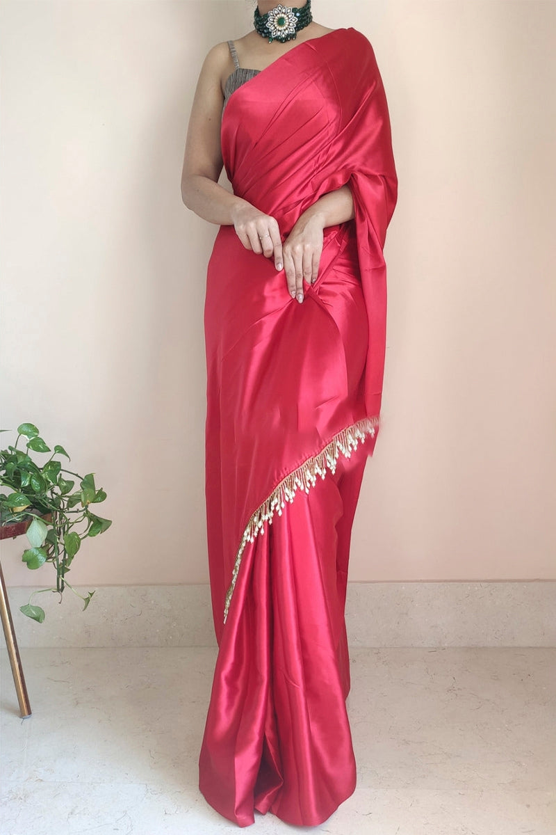 1-Minute Ready To Wear Dark Pink Satin Silk Saree