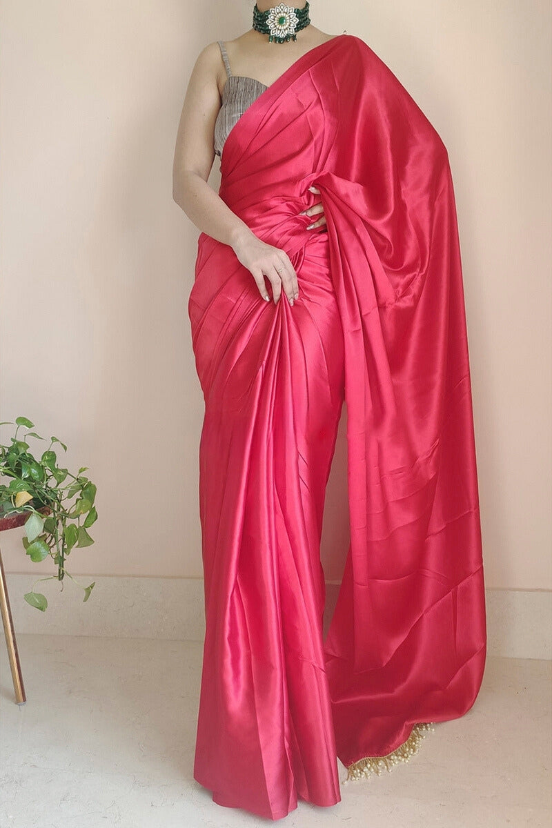 1-Minute Ready To Wear Dark Pink Satin Silk Saree