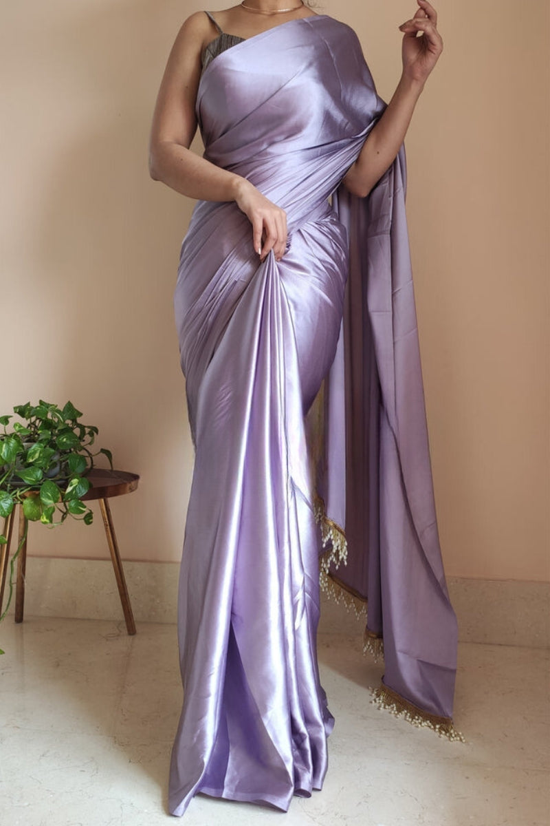 1-MIN READY TO WEAR Dull Lavender Satin Silk Saree With  Handmade Tassels On Pallu