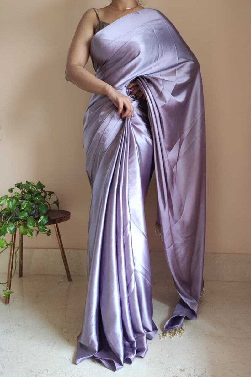 1-MIN READY TO WEAR Dull Lavender Satin Silk Saree With  Handmade Tassels On Pallu