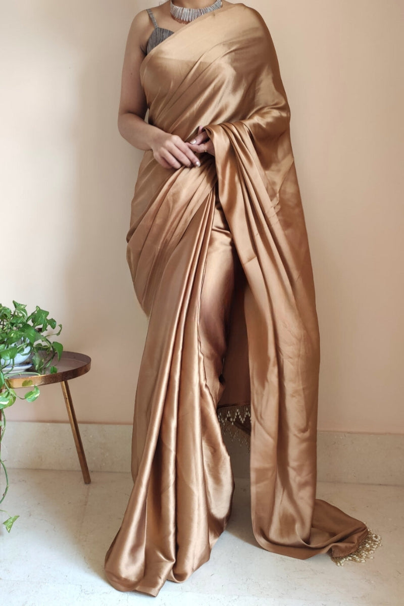 1-MIN READY TO WEAR    Golden Brown Satin Silk Saree With  Handmade Tassels On Pallu