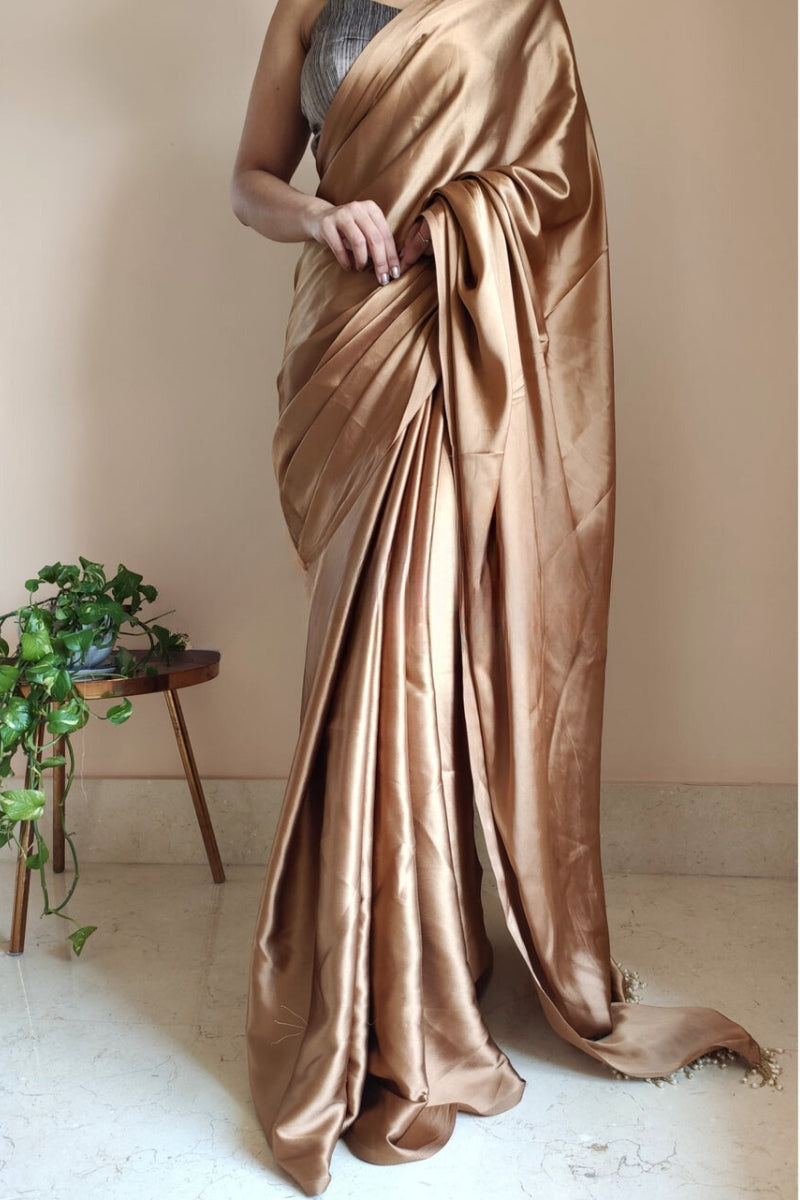 1-MIN READY TO WEAR    Golden Brown Satin Silk Saree With  Handmade Tassels On Pallu